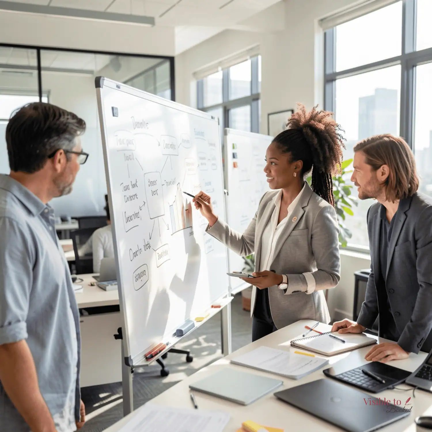 Entrepreneur mapping ideas on laptop or whiteboard.