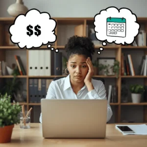 Female entrepreneur stressed over inconsistent income or empty calendar