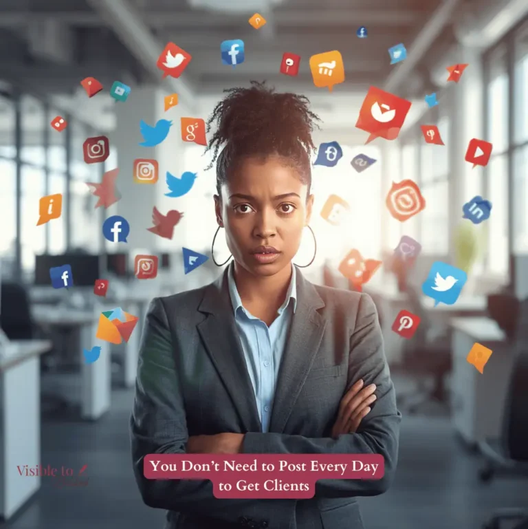 Overwhelmed business owner surrounded by social media icons fading into a calmer workspace