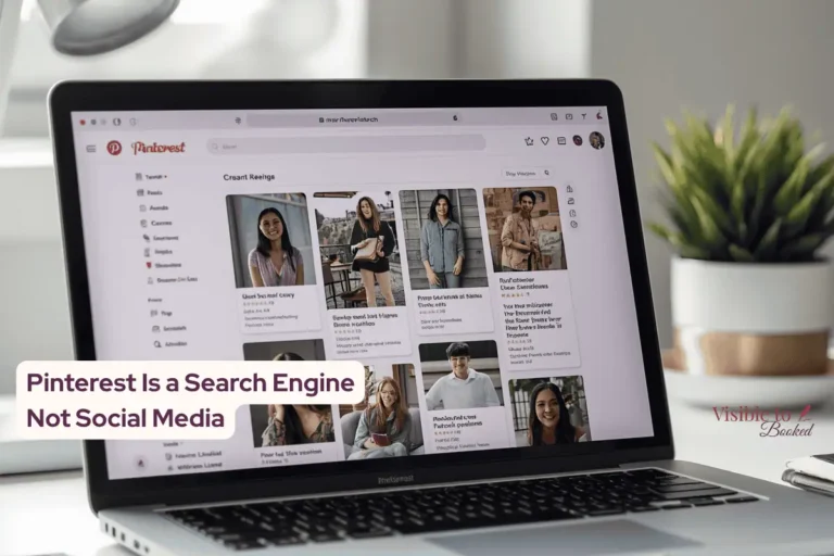 Pinterest search results on laptop screen with organized workspace