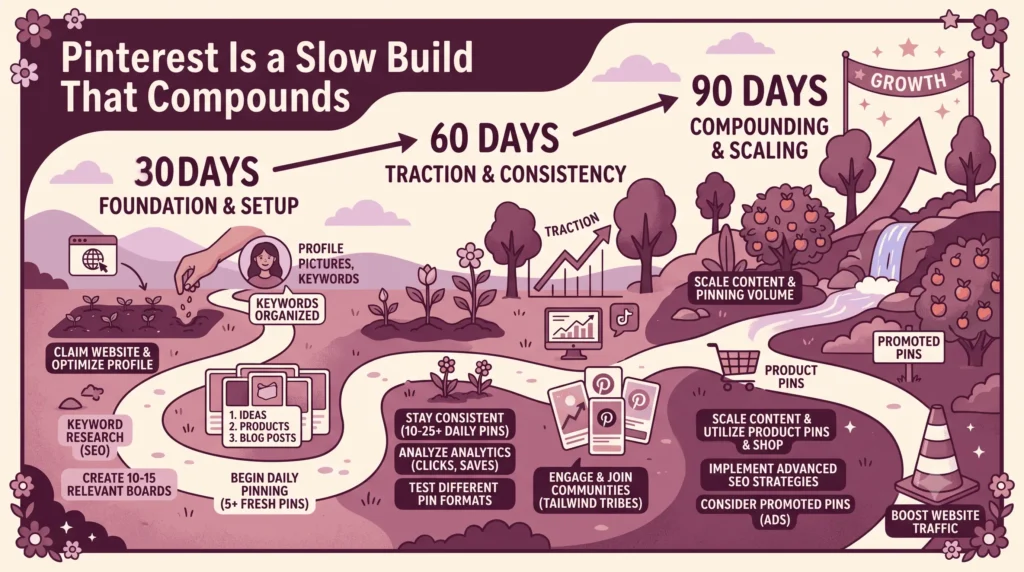 “Pinterest Is a Slow Build That Compounds” infographic